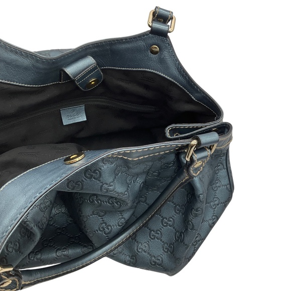 GUCCI SLATE BLUE METALLIC GG MONOGRAM GUCCISSIMA LEATHER LARGE SUKEY TOTE HANDBA - Picture 7 of 13